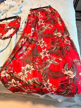 Floral Red Maxi Skirt with Tropical Print
